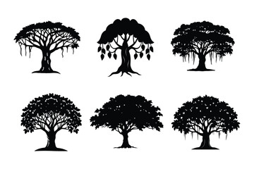Set of banyan tree silhouette black color, banyan tree hand drawn vector, Banyan Tree Silhouette Vector art, tree icon or symble