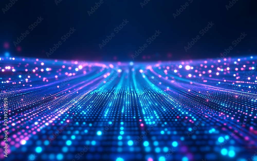 Poster a vibrant, digital landscape of glowing particles and waves, creating a sense of motion and energy i