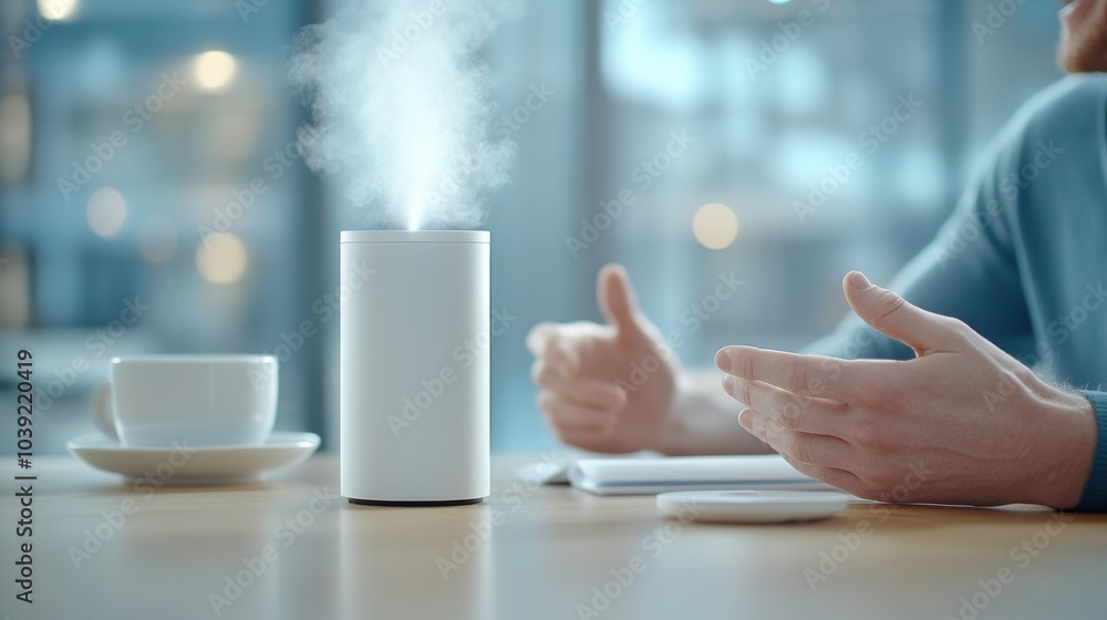 Wall mural a person engaging in conversation with a steaming diffuser and cup on the table, creating a cozy atm