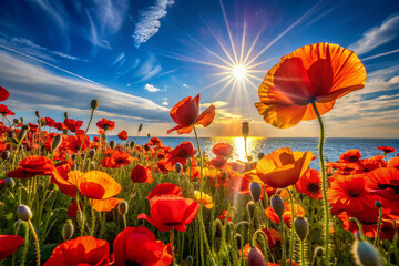 Fototapeta premium Vibrant red poppies bloom under bright sun, creating stunning contrast against blue sky and shimmering water. scene evokes sense of tranquility and beauty