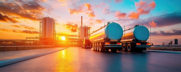 Large transport trucks at fuel processing plant, efficient logistics
