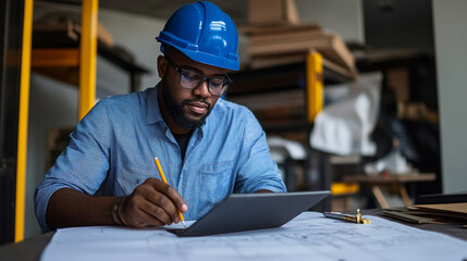 Construction professional reviewing plans while working at a construction site during daylight hours