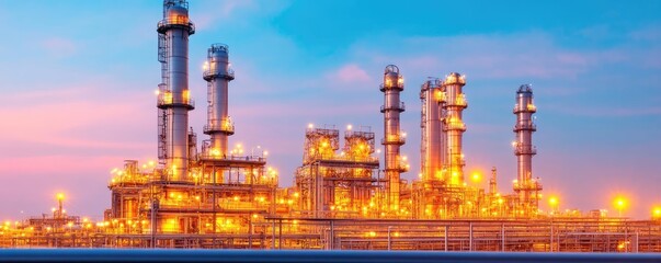 Obraz premium Refinery at night, bright lights, complex and efficient fuel processing