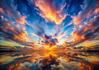 Fototapeta premium Breathtaking sunset over tranquil lake, showcasing vibrant colors and dramatic cloud formations reflecting on waters surface. true masterpiece of natures beauty