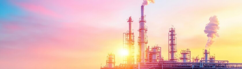 Obraz premium Refinery plant with steam rising, busy but organized, efficient fuel processing