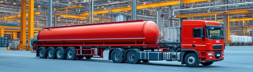 Naklejka premium Fuel tanker being loaded at processing plant, seamless logistics operation