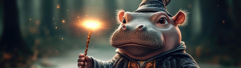 Fototapeta premium Baby hippo in a wizard's robe, sarcastic expression, detailed 3D render, magical forest background, glowing wand