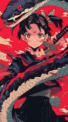 Anime girl with big snake picture behind her
