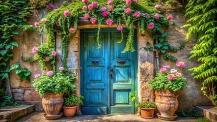 Obraz premium A weathered stone facade, draped with lush greenery and vibrant pink blossoms, frames a weathered wooden door, beckoning the viewer to step inside.