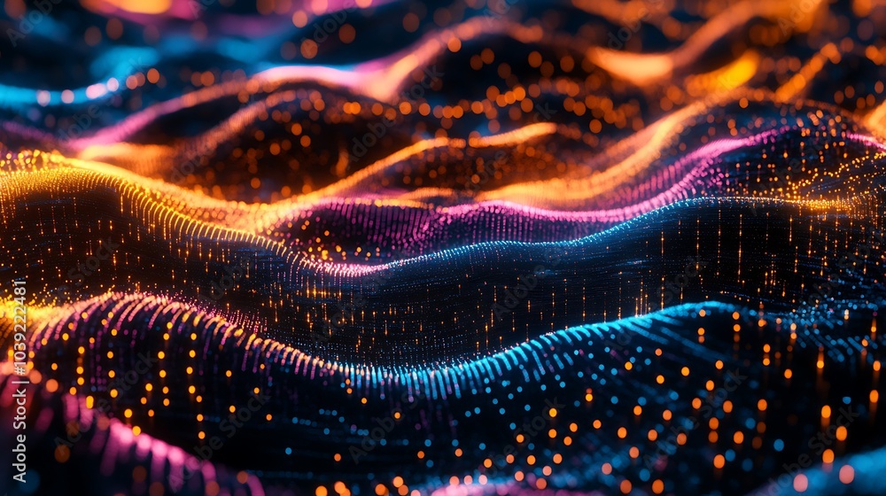 Poster a vibrant, abstract landscape featuring waves of colorful, glowing particles that create a mesmerizi
