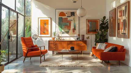 Mid-century modern living room with a teak wood credenza, a burnt orange sofa, and a gallery wall...