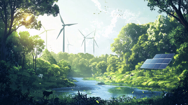 Wind turbines and solar panels in a forest landscape representing renewable energy and ecological sustainability.