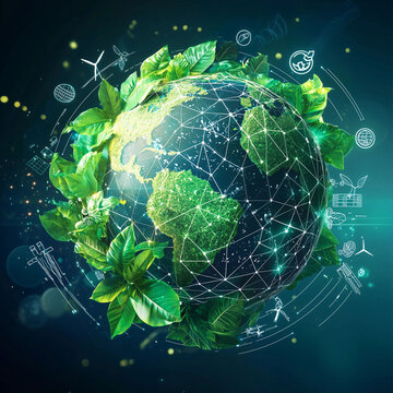 Green Earth with digital network and clean energy icons highlighting environmental sustainability and technology.