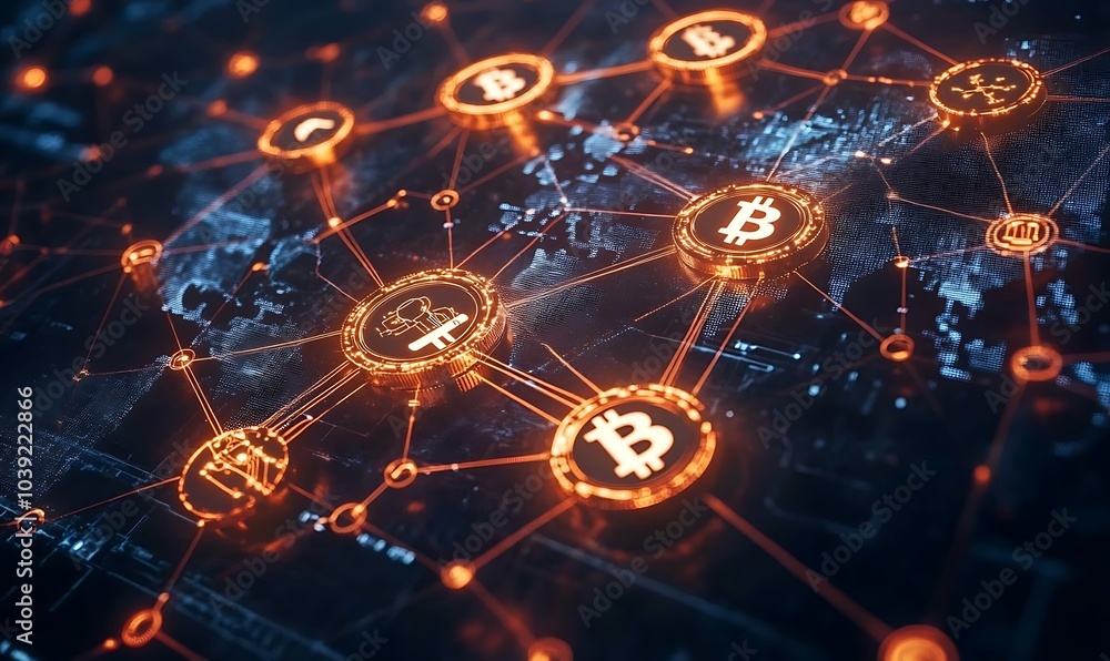 Poster A digital network visualization showcasing various cryptocurrencies interconnected, highlighting Bitcoin amidst a global backdrop of technology.
