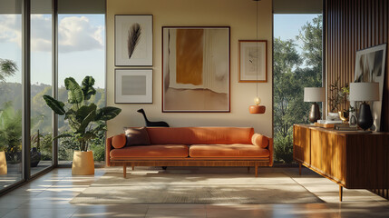Mid-century modern living room with a teak wood credenza, a burnt orange sofa, and a gallery wall of abstract art, illuminated by floor-to-ceiling windows.