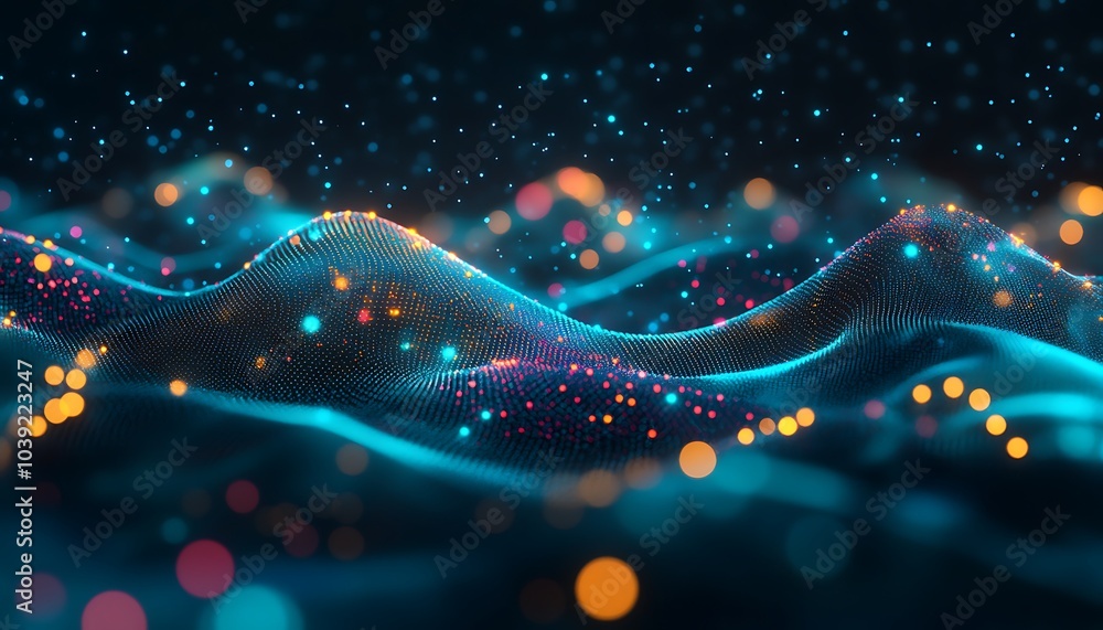 Leinwandbilder a vibrant abstract illustration of a flowing wave of light particles, showcasing a blend of colors i
