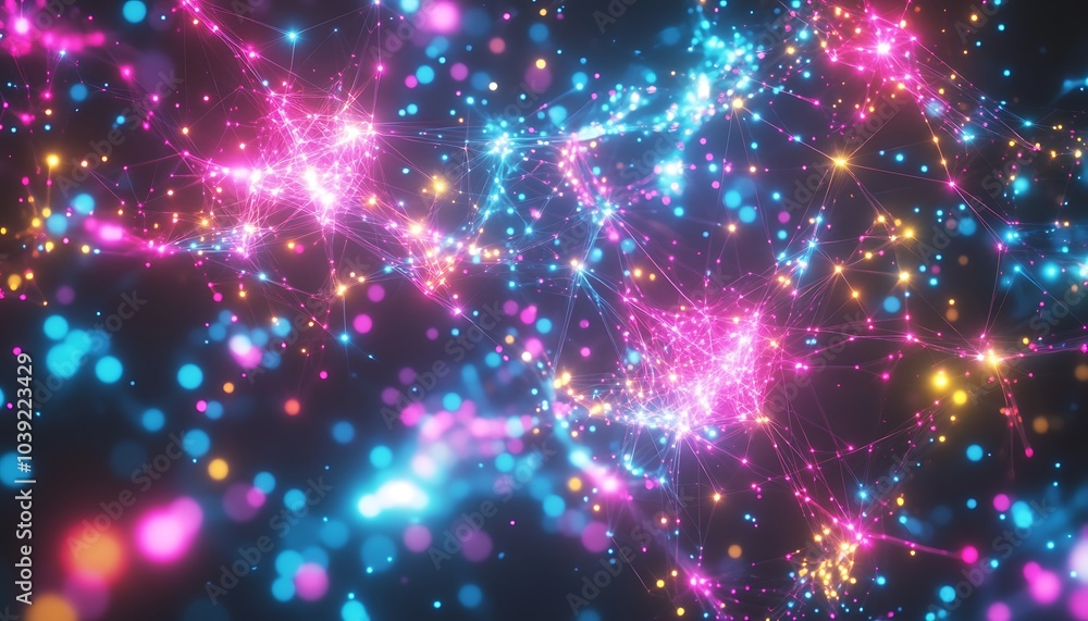 Poster a vibrant display of colorful stars and glowing particles, creating a cosmic, dreamy atmosphere with