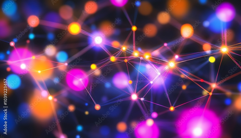 Fototapete a vibrant abstract representation of interconnected nodes illuminated by colorful dots and lines, re