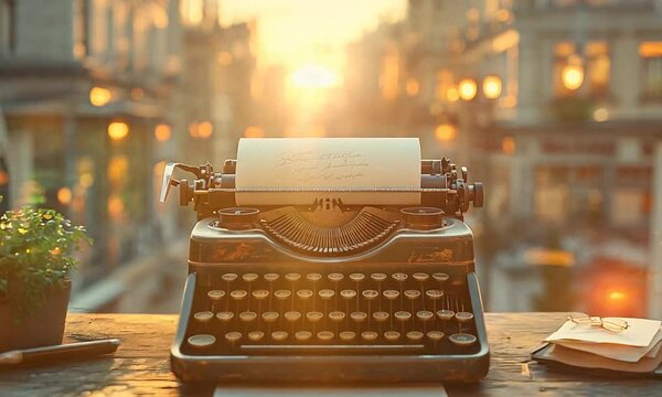 Vintage typewriter on a wooden table with a city backdrop.
