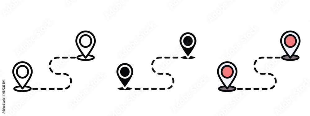 Poster series of black and white route icons that represent a path. the route icons are spaced out and are 