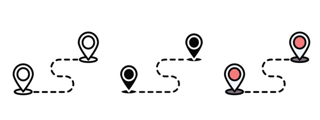 Series of black and white route icons that represent a path. The route icons are spaced out and are connected by lines in outline, silhouette and editable colors in unexpandable vector form