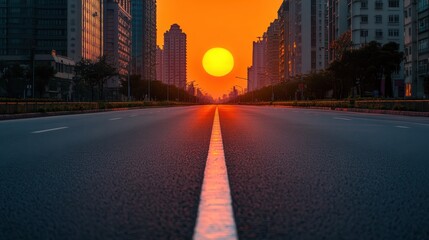 Obraz premium empty highway leading to the city with buildings at sunset