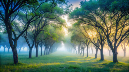 Naklejka premium serene landscape of trees enveloped in soft fog, creating mystical atmosphere. light filters through branches, enhancing tranquil beauty of scene