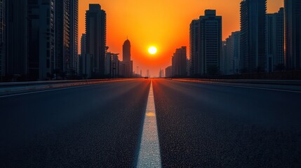 Obraz premium empty highway with buildings on both sides at sunset