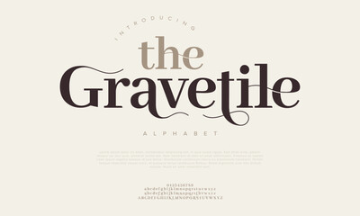 Gravetile typography beauty fashion elegant minimalist serif italic fonts decorative wedding vintage retro logos. Minimal luxury font alphabet logo. Vector illustration