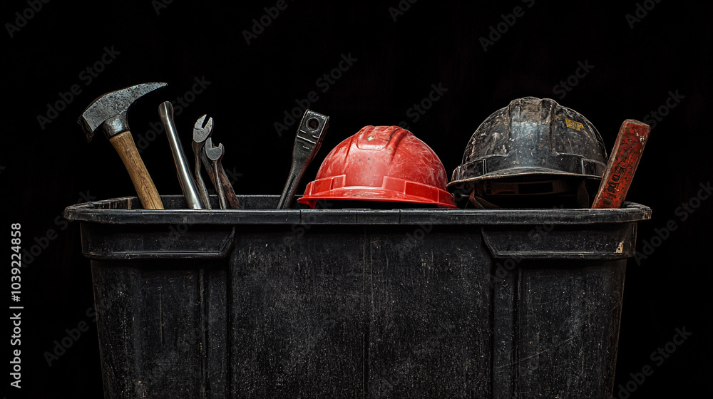 Poster Tools and hard hats resting in a black container against a dark background