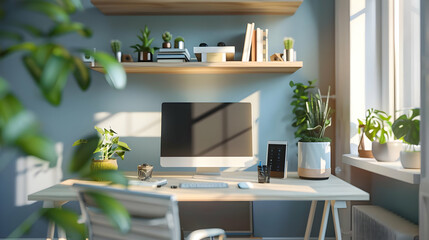 Modern Home Office Desk with Computer and Plants Illustration