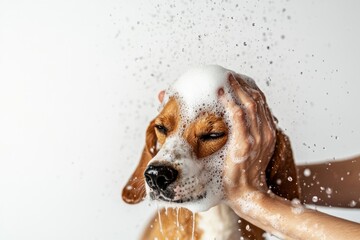 A person giving their dog a Beagle bathtub wash with water and shampoo foam in their hands, holding onto its head while it is being washed 