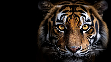 Fototapeta premium A striking close-up of a tigerâ€™s intense yellow eyes, glowing against a pitch-black background. The tigerâ€™s gaze is direct and piercing, creating a powerful visual impact. The dark orange fur with
