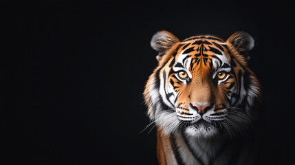 Obraz premium The image captures the fierce, bright yellow eyes of a tiger in a close-up shot. The eyes stare directly into the viewer, surrounded by deep orange fur and bold black stripes. The background is