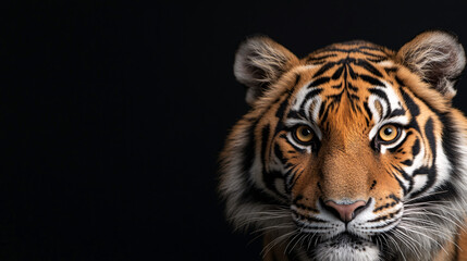 The image captures the fierce, bright yellow eyes of a tiger in a close-up shot. The eyes stare directly into the viewer, surrounded by deep orange fur and bold black stripes. The background is