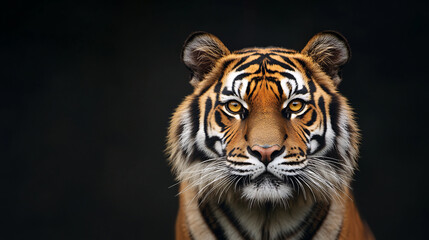 A mesmerizing close-up of a tiger&acirc;&euro;&trade;s glowing yellow eyes, set against a deep black backdrop. The eyes are surrounded by dark orange fur, accented by bold black stripes, which frame the intense stare.