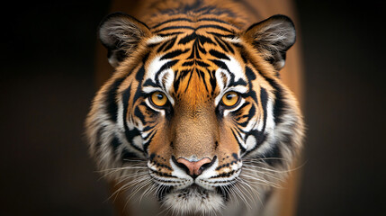 Naklejka premium The vivid yellow eyes of a tiger are the focal point of this close-up shot, set against a completely black background. The tigerâ€™s fur is a deep orange with sharp black stripes, highlighting the