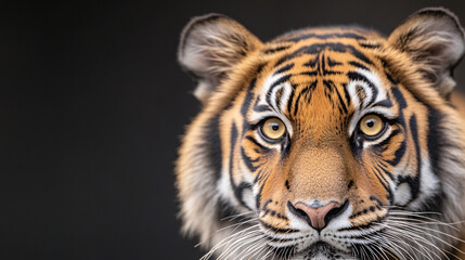 Fototapeta premium In this powerful close-up, the bright yellow eyes of a tiger stare directly at the viewer. The dark orange fur with sharp black stripes frames the eyes, creating a striking contrast against the black