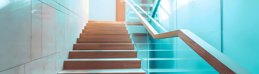 Modern Wooden Stairs with Glass Railing - Interior Design Photo