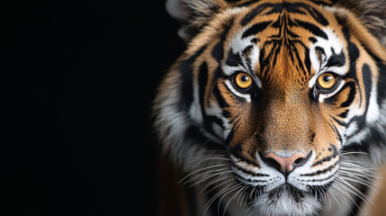 Obraz premium The vivid yellow eyes of a tiger are the focal point of this close-up shot, set against a completely black background. The tigerâ€™s fur is a deep orange with sharp black stripes, highlighting the