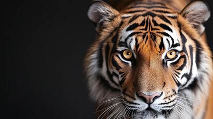Fototapeta premium The vivid yellow eyes of a tiger are the focal point of this close-up shot, set against a completely black background. The tigerâ€™s fur is a deep orange with sharp black stripes, highlighting the