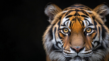 Fototapeta premium The vivid yellow eyes of a tiger are the focal point of this close-up shot, set against a completely black background. The tigerâ€™s fur is a deep orange with sharp black stripes, highlighting the
