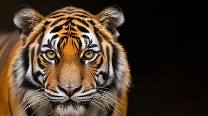 Naklejka premium This image captures the bold, bright yellow eyes of a tiger in a detailed close-up. The tigerâ€™s fur, dark orange with black stripes, subtly frames the eyes while the background is solid black,