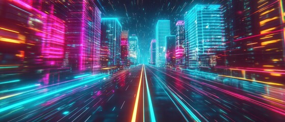 Fototapeta premium A vibrant, futuristic cityscape with neon lights and dynamic motion effects.