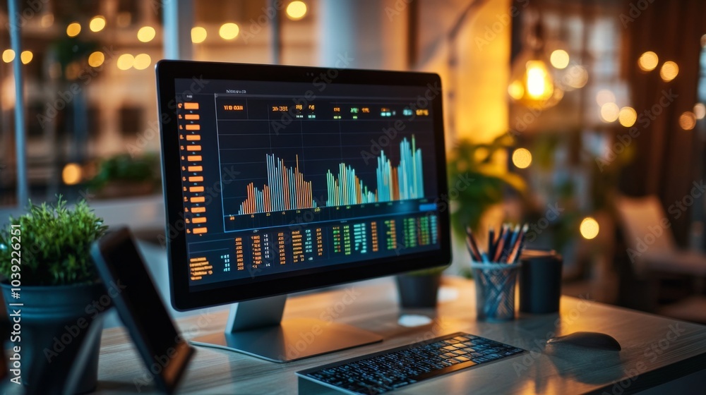 Poster data analysis on computer screen in modern workspace