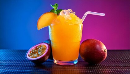 Fototapeta premium A mango and passionfruit slushie in a clear glass, with slices of tropical fruits as garnish.