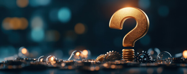golden question mark intertwined with gears and light bulbs symbolizes curiosity and innovation. This captivating image evokes sense of wonder and exploration in creative environment