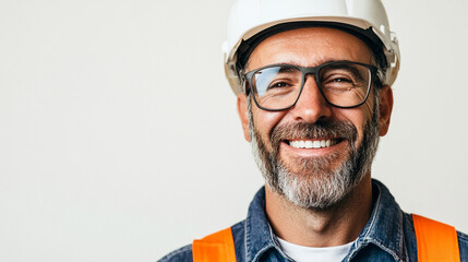 Fototapeta premium Smiling construction worker wearing a hard hat and safety vest during a project in the workplace