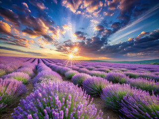 Obraz premium Breathtaking lavender fields stretch towards horizon, bathed in golden sunlight as clouds dance across vibrant sky. serene beauty evokes sense of peace and tranquility