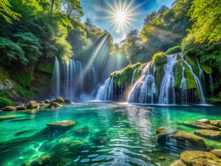 Breathtaking turquoise water cascades over moss covered rocks, creating serene atmosphere. Sunlight beams through trees, enhancing beauty of this tranquil waterfall scene